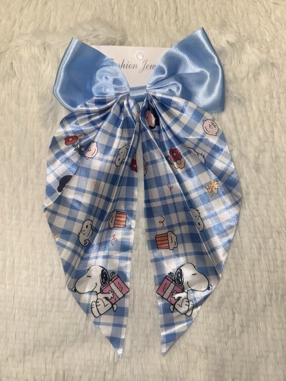 Snoopy Long Ribbon Tail Hairpins Bowknot Ponytail Bow Hair Clip Plaid Blue